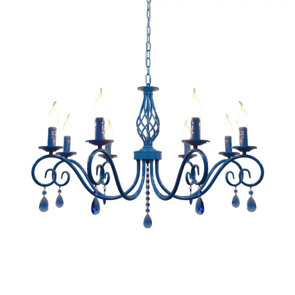 Vintage Metal Curly Arm Pendant Chandelier - 8 Bulbs Black/White/Blue Ideal For Living Room Blue