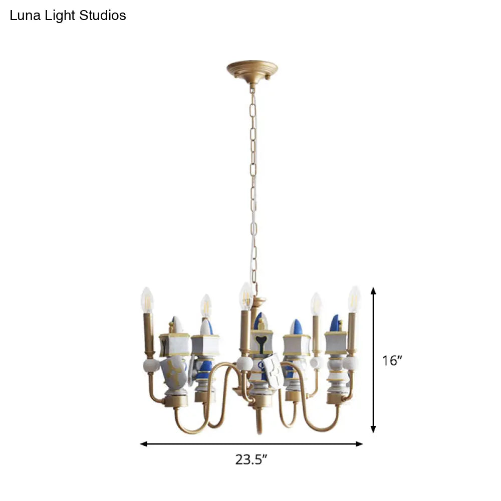 Vintage Metal Curved Arm Pendant Chandelier With 5 Bulbs - Gold Finish Ceiling Suspension Light