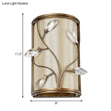 Vintage Metal Cylinder Wall Lamp Sconce With Crystal Leaf Deco In Brass Finish - 1/3-Light Lighting
