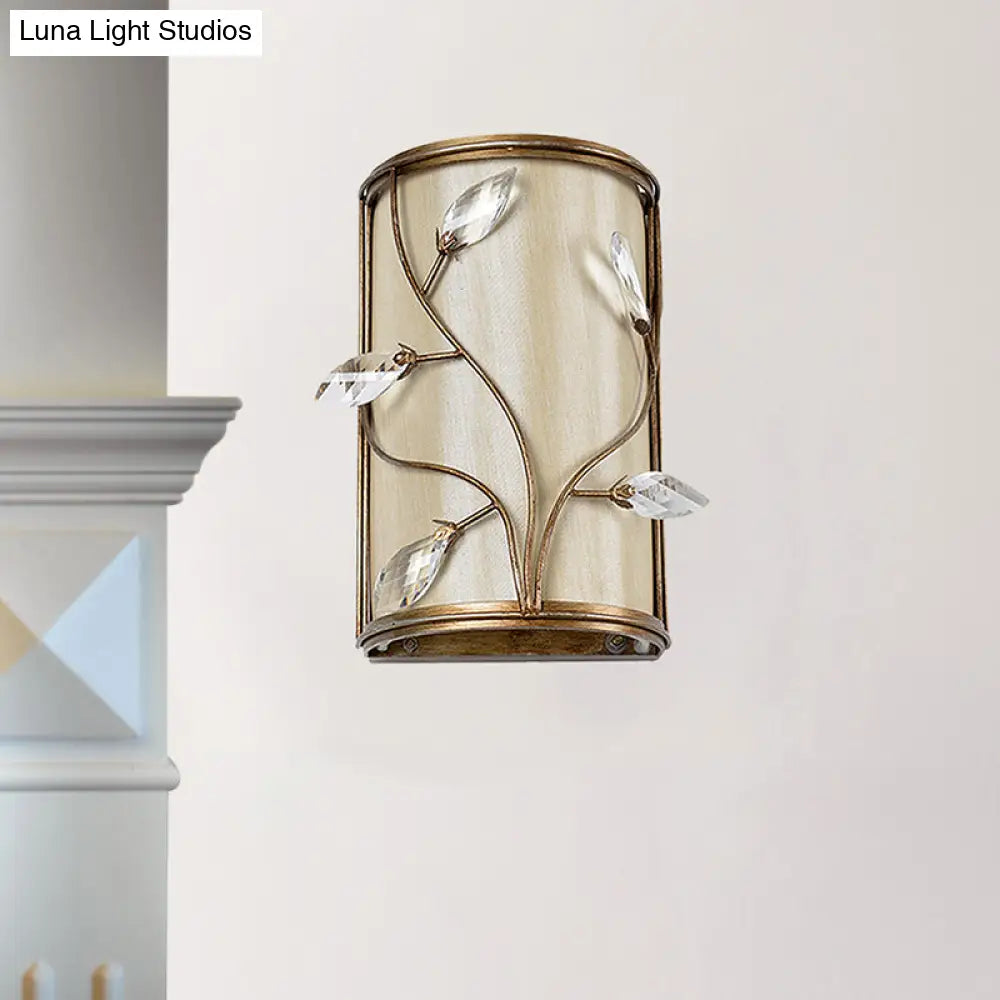 Vintage Metal Cylinder Wall Lamp Sconce With Crystal Leaf Deco In Brass Finish - 1/3-Light Lighting