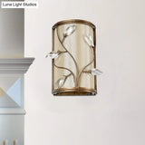 Vintage Metal Cylinder Wall Lamp Sconce With Crystal Leaf Deco In Brass Finish - 1/3-Light Lighting