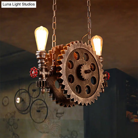 Vintage Metal Hanging Chandelier With Exposed Bulbs - 2-Light Ceiling Light Fixture For Living Room