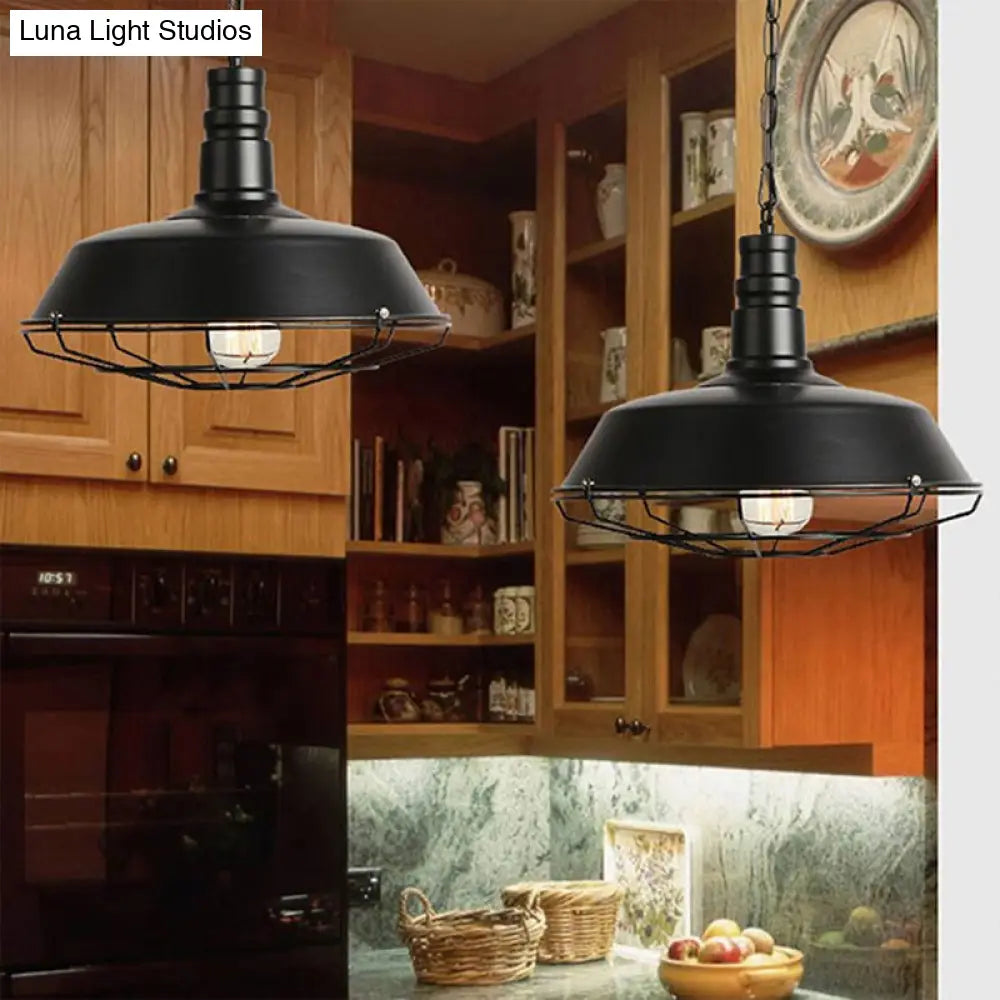 Vintage Metal Pendant Light For Commercial Use With Black Cage Shade