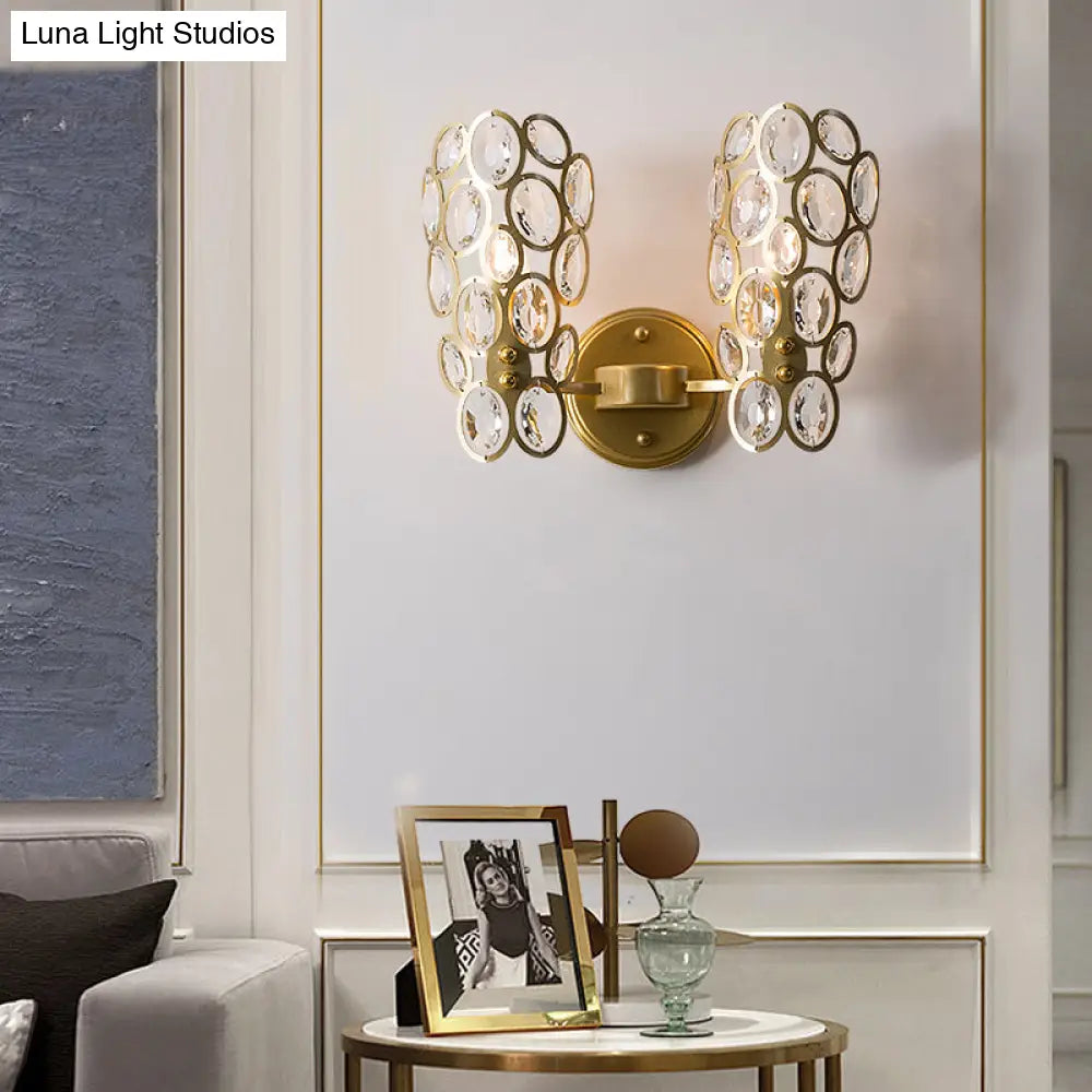 Vintage Metal Round Wall Lamp With Curved Arm - Gold Sconce Light Fixture (2 Bulbs)