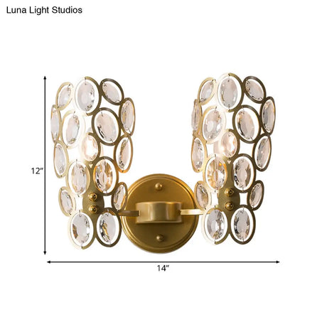 Vintage Metal Round Wall Lamp With Curved Arm - Gold Sconce Light Fixture (2 Bulbs)