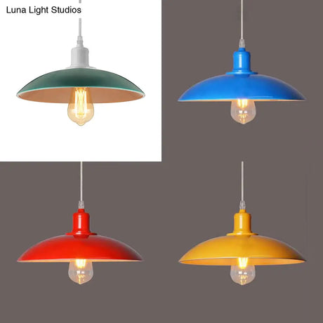 Vintage Metal Saucer Shade Pendant Ceiling Light: Green/Red Stylish 1-Light Fixture For Table