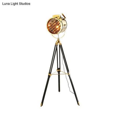 Vintage Metal Spotlight Floor Lamp With Tripod Stand - Black/Wood Perfect For Living Room Lighting