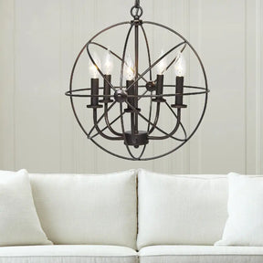Vintage Metal Strap Globe Chandelier Pendant Light - 5 Bulb Hanging Lamp In Black Ideal For