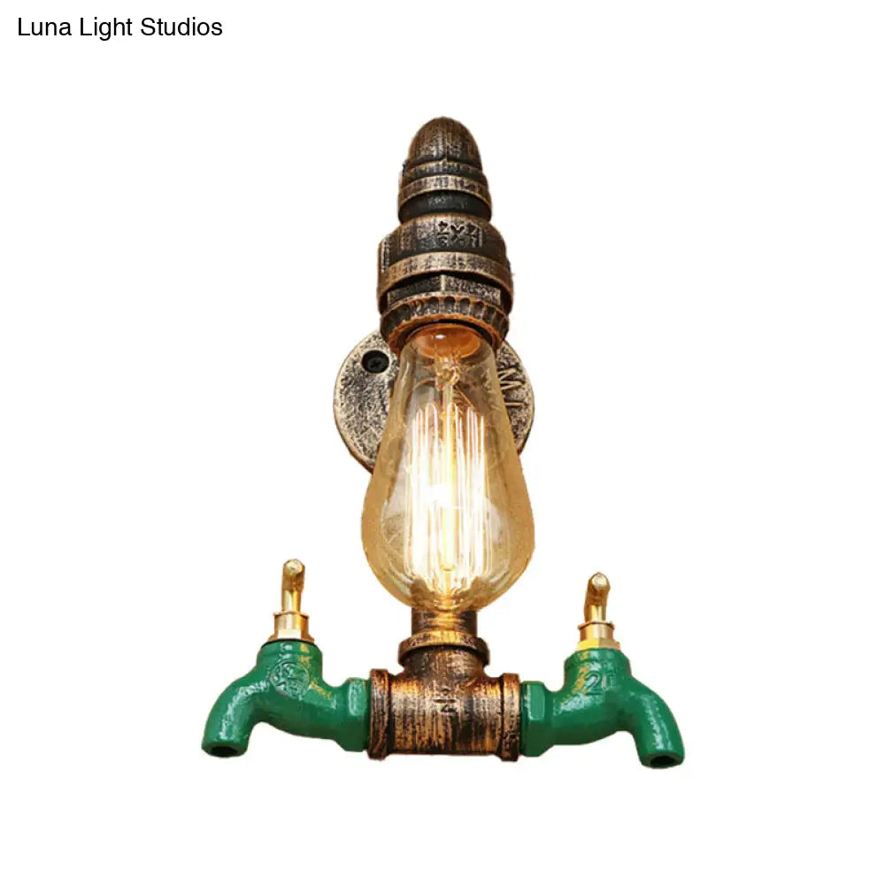 Vintage Metal Wall Lighting Fixture With Double Faucet And Aged Brass Pipe For Living Room