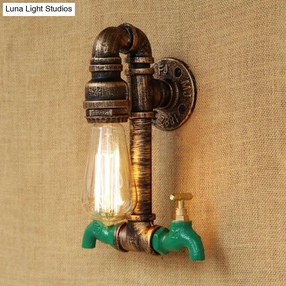 Vintage Metal Wall Lighting Fixture With Double Faucet And Aged Brass Pipe For Living Room