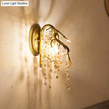 Vintage Metal Wall Mount Sconce Light With Amber Crystal Bead Accent - Brass Finish 1 Bulb