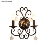 Vintage Metal Wall Sconce Light With Clear Crystal Ball Deco - 2 Head Black Fixture
