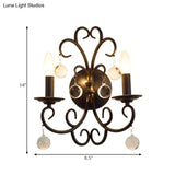 Vintage Metal Wall Sconce Light With Clear Crystal Ball Deco - 2 Head Black Fixture
