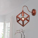Vintage Metal Wall Sconce With Gooseneck Arm & Black/Rust Finish - Cube Cage Bedroom Lighting Rust