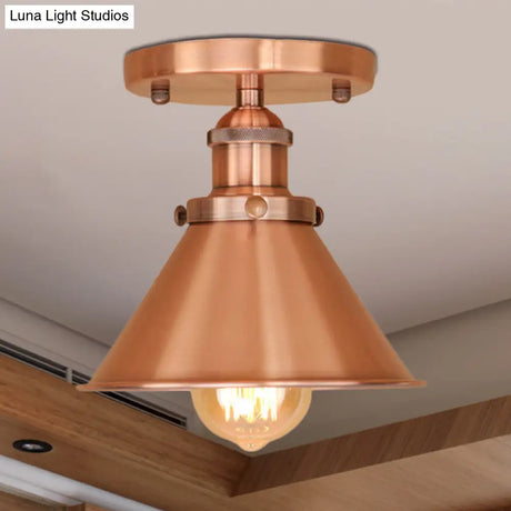 Vintage Metallic Conical Semi-Flush Light In Brass/Copper - Perfect For Hallways