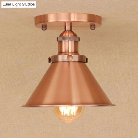 Vintage Metallic Conical Semi-Flush Light In Brass/Copper - Perfect For Hallways