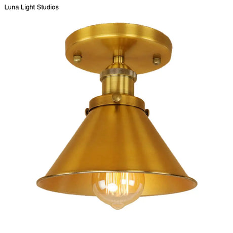 Vintage Metallic Conical Semi-Flush Light In Brass/Copper - Perfect For Hallways