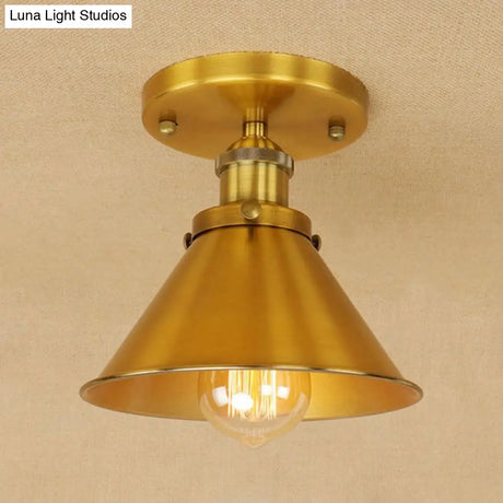 Vintage Metallic Conical Semi-Flush Light In Brass/Copper - Perfect For Hallways