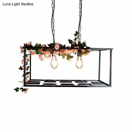 Vintage Metallic Rectangle Cage Hanging Lamp With Flower Decoration And 2 Bulbs - Black Ceiling