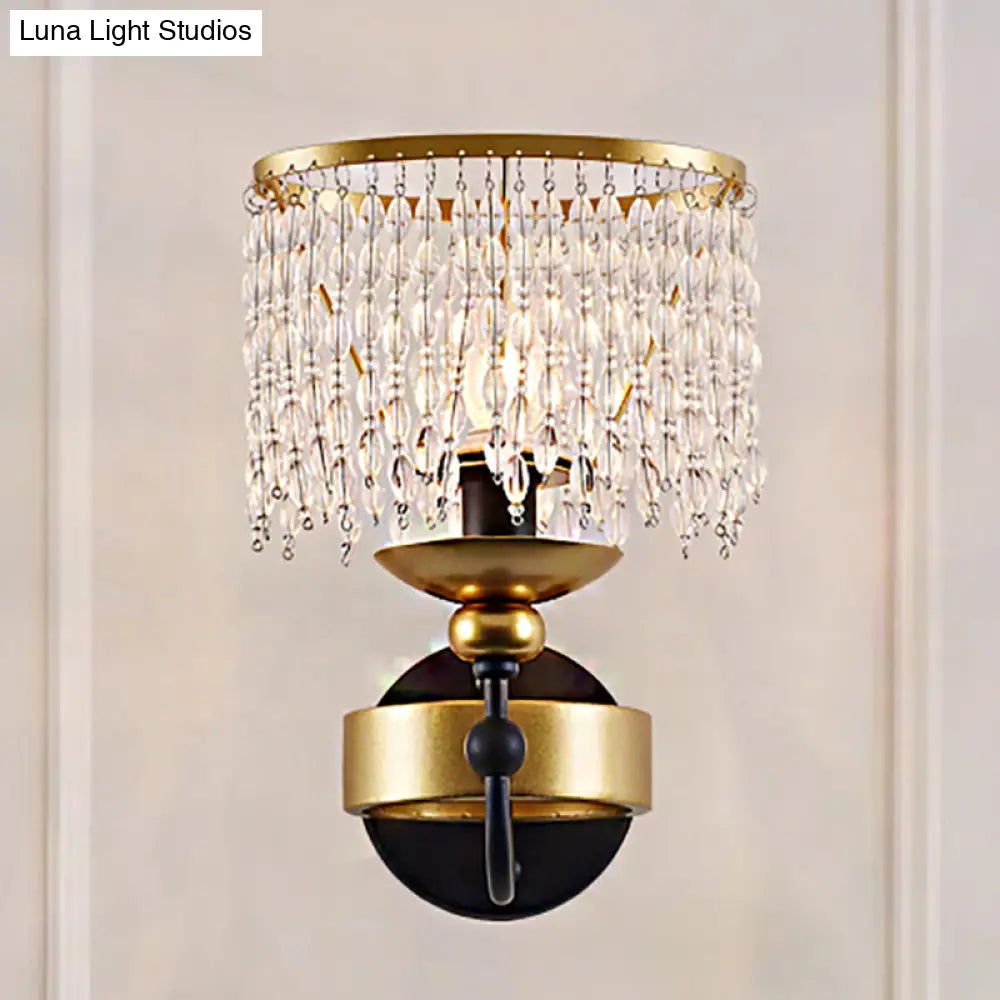 Vintage Metallic Ring Wall Lamp With Crystal Beaded Strand - 1 Bulb Brass Bedside Lighting