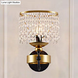 Vintage Metallic Ring Wall Lamp With Crystal Beaded Strand - 1 Bulb Brass Bedside Lighting