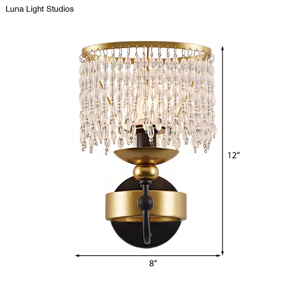 Vintage Metallic Ring Wall Lamp With Crystal Beaded Strand - 1 Bulb Brass Bedside Lighting