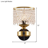 Vintage Metallic Ring Wall Lamp With Crystal Beaded Strand - 1 Bulb Brass Bedside Lighting