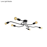 Vintage Metallic Semi Flush Light With Sputnik Design In Antique Brass/Black - Exposed Ceiling