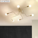 Vintage Metallic Semi Flush Light With Sputnik Design In Antique Brass/Black - Exposed Ceiling