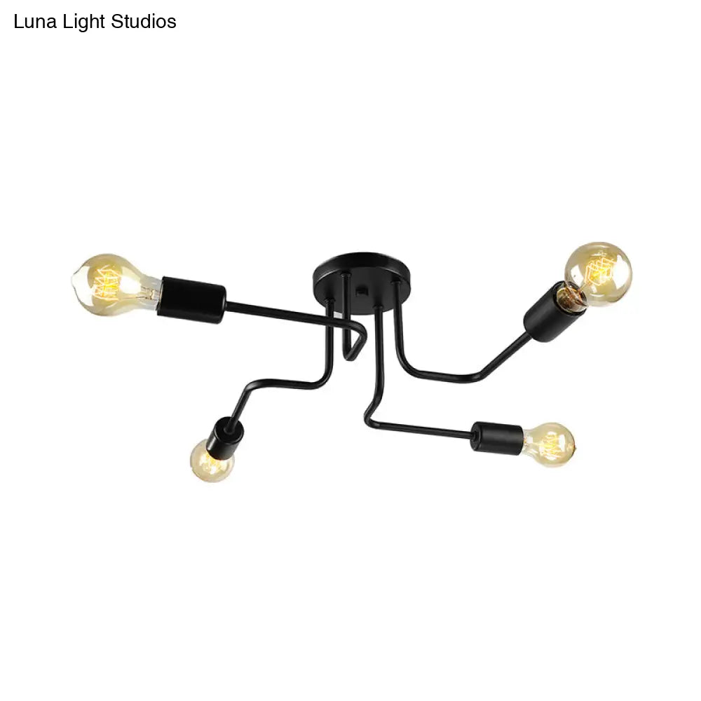 Vintage Metallic Semi Flush Light With Sputnik Design In Antique Brass/Black - Exposed Ceiling