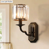 Vintage Metallic Wall Lamp With Clear Crystal Facets - Cylindrical 1-Head Black Fixture