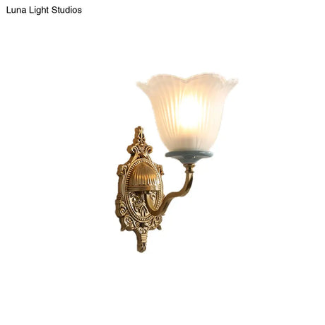 Vintage Milk Glass Brass Wall Lamp With Carved Blossom Design - 1/2-Light Sconce For Porch