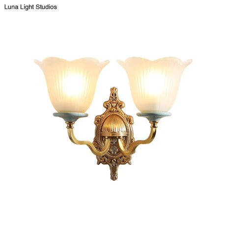 Vintage Milk Glass Brass Wall Lamp With Carved Blossom Design - 1/2-Light Sconce For Porch