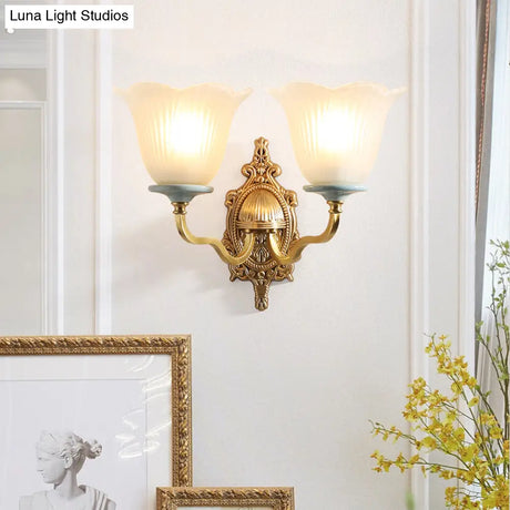 Vintage Milk Glass Brass Wall Lamp With Carved Blossom Design - 1/2-Light Sconce For Porch