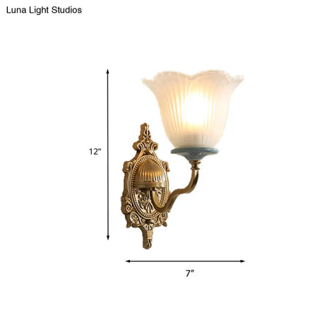 Vintage Milk Glass Brass Wall Lamp With Carved Blossom Design - 1/2-Light Sconce For Porch