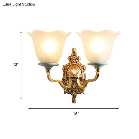 Vintage Milk Glass Brass Wall Lamp With Carved Blossom Design - 1/2-Light Sconce For Porch
