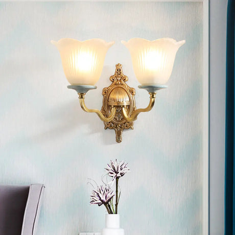 Vintage Milk Glass Brass Wall Lamp With Carved Blossom Design - 1/2-Light Sconce For Porch 2 /