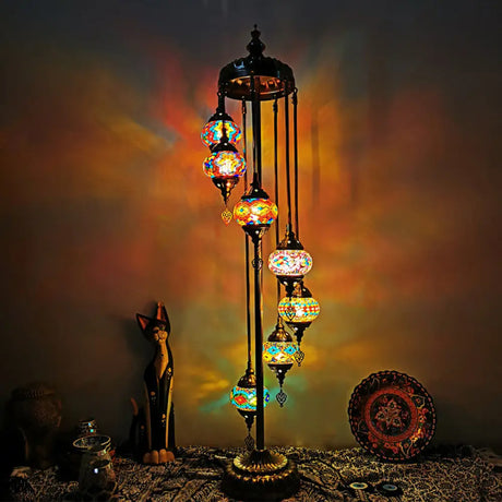 Vintage Multicolored Stained Glass Floor Lamp For Living Room - 7 Lights Spiral Design