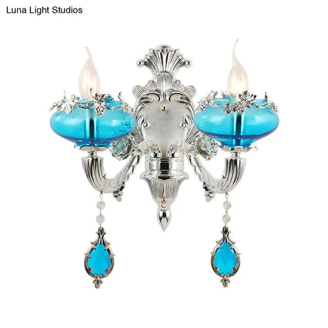 Vintage Oblate Blue Glass Wall Light With Crystal Accent In Silver For Corridors.
