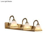 Vintage Opal Glass Bell Wall Mounted Vanity Sconce With Gold Finish And Metal Swooping Arm - 2/3/4