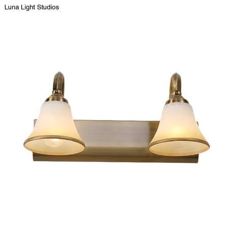 Vintage Opal Glass Bell Wall Mounted Vanity Sconce With Gold Finish And Metal Swooping Arm - 2/3/4