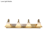 Vintage Opal Glass Bell Wall Mounted Vanity Sconce With Gold Finish And Metal Swooping Arm - 2/3/4