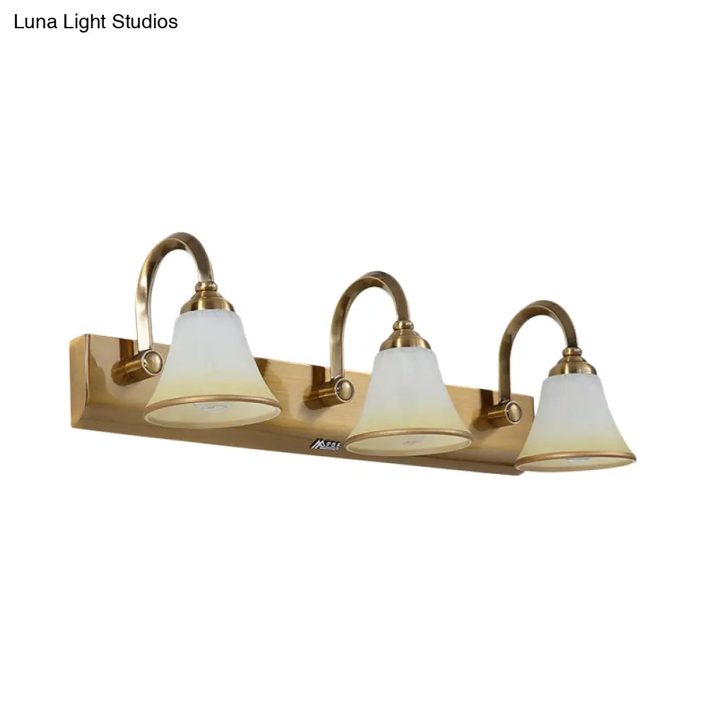 Vintage Opal Glass Bell Wall Mounted Vanity Sconce With Gold Finish And Metal Swooping Arm - 2/3/4