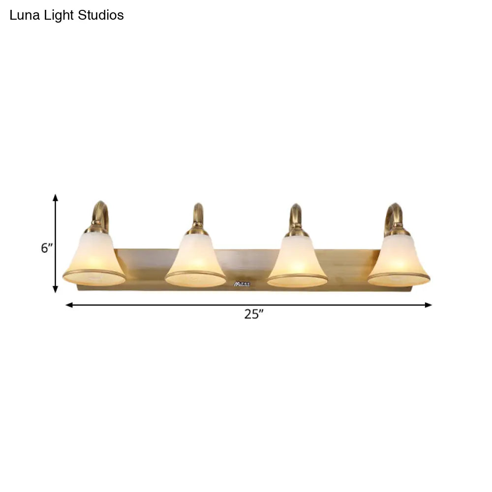 Vintage Opal Glass Bell Wall Mounted Vanity Sconce With Gold Finish And Metal Swooping Arm - 2/3/4