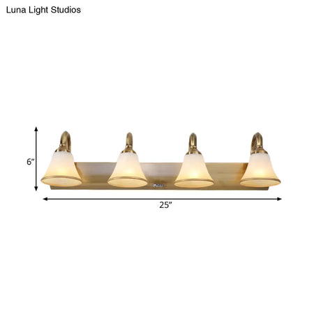 Vintage Opal Glass Bell Wall Mounted Vanity Sconce With Gold Finish And Metal Swooping Arm - 2/3/4