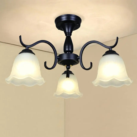Vintage Opal Glass Semi Flush Mount Chandelier - Black Bell Shaped Ceiling Light For Living Room 3