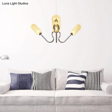 Vintage Oval Chandelier - Amber/Clear Glass 3 Heads Adjustable Cord Living Room Ceiling Lamp