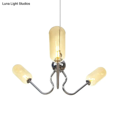 Vintage Oval Chandelier - Amber/Clear Glass 3 Heads Adjustable Cord Living Room Ceiling Lamp