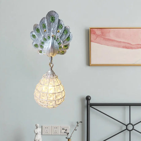 Vintage Peacock Resin Wall Sconce With 1 Light Green/Silver/Blue Green