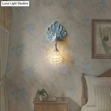 Vintage Peacock Resin Wall Sconce With 1 Light Green/Silver/Blue
